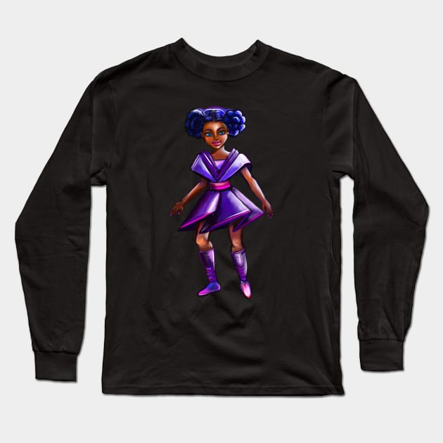 Anime girl with two puffs. Back lit. Black afro anime girl in purple from outer space ! beautiful  black girl with Braided hair, blue eyes, Cherry pink lips and dark brown skin. Hair love ! Long Sleeve T-Shirt by Artonmytee